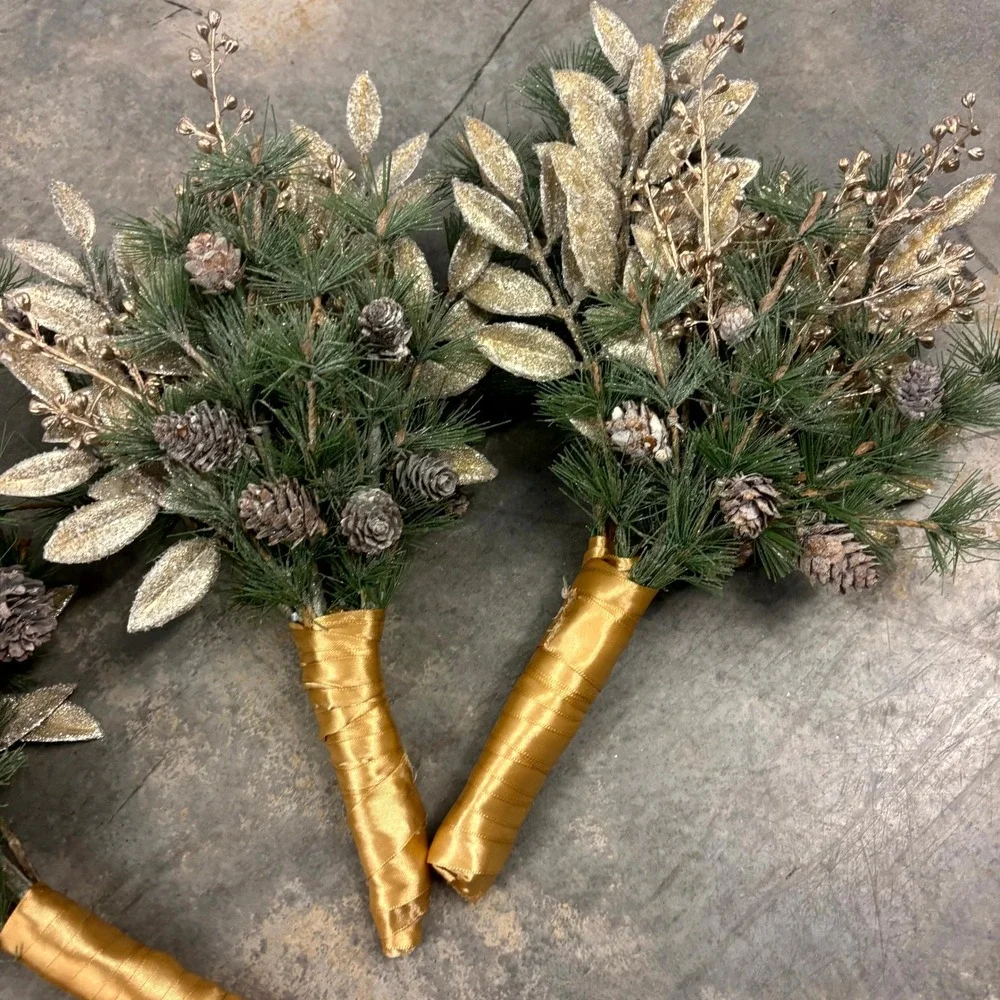 Set of 4 Winter Pine Floral Picks Gold Leaves Pinecones Holiday Christmas Decor